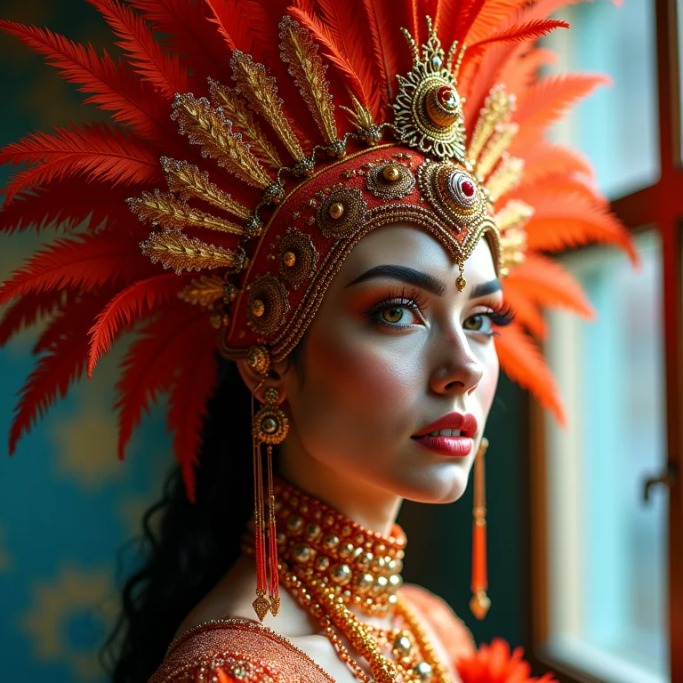 Detalhes criativos de fantasias e adereços de Carnaval.