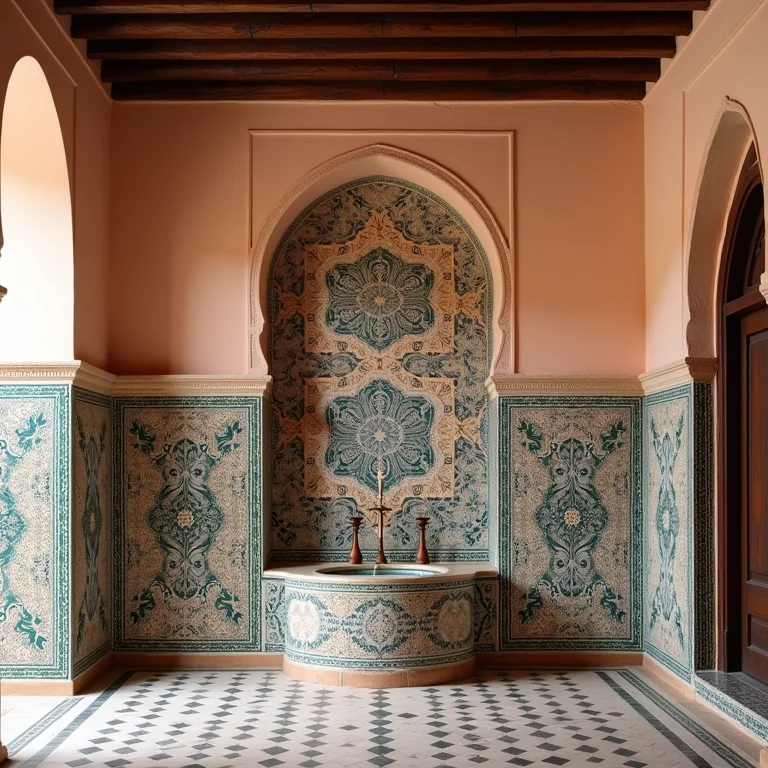 Detalhes da arte Zellij em um riad tradicional em Fes