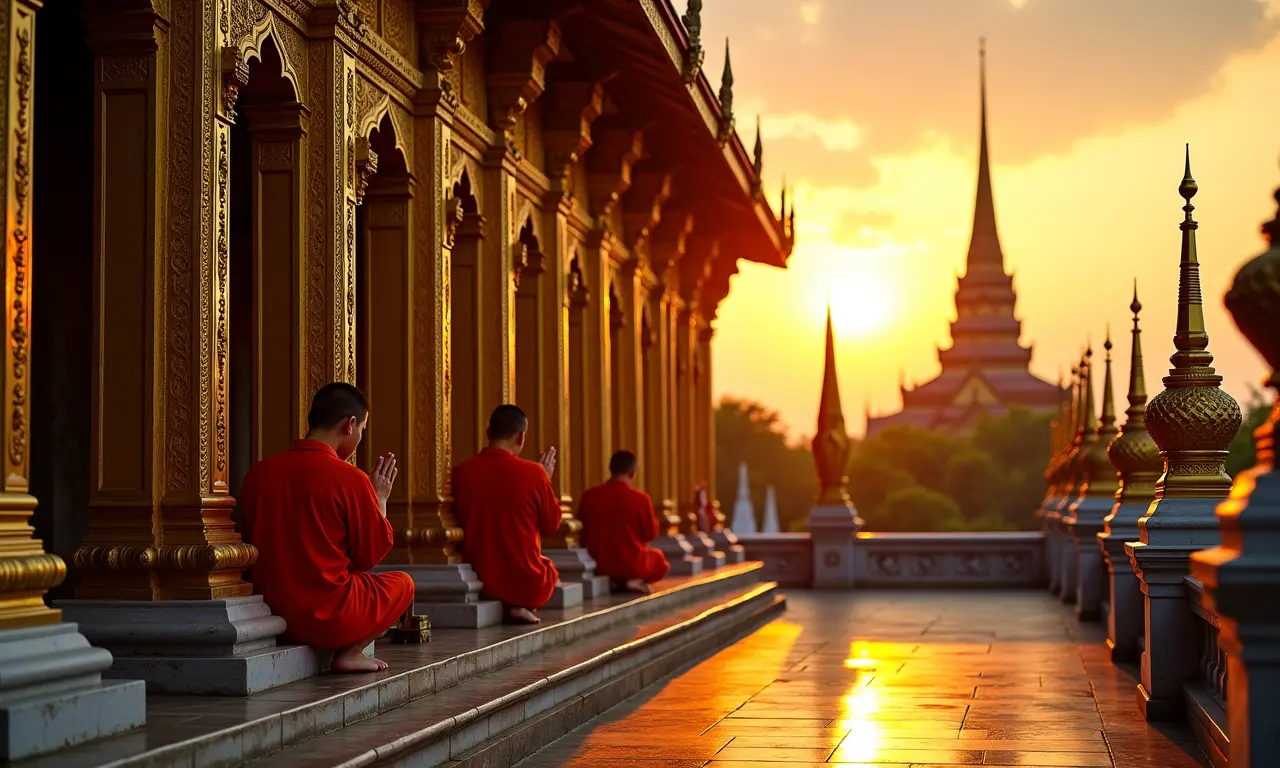 Detalhes da fachada dourada de Wat Xieng Thong ao pôr do sol.