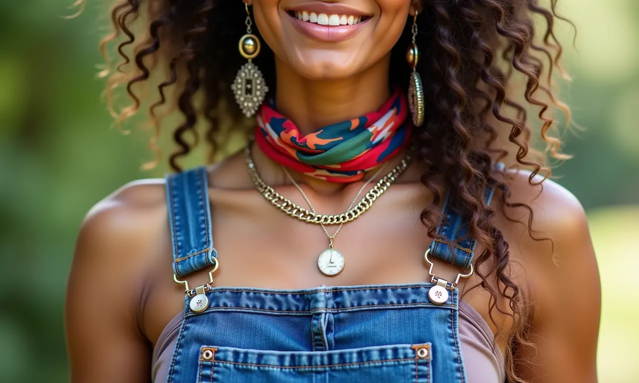 Detalhes de acessórios coloridos em salopete jeans.