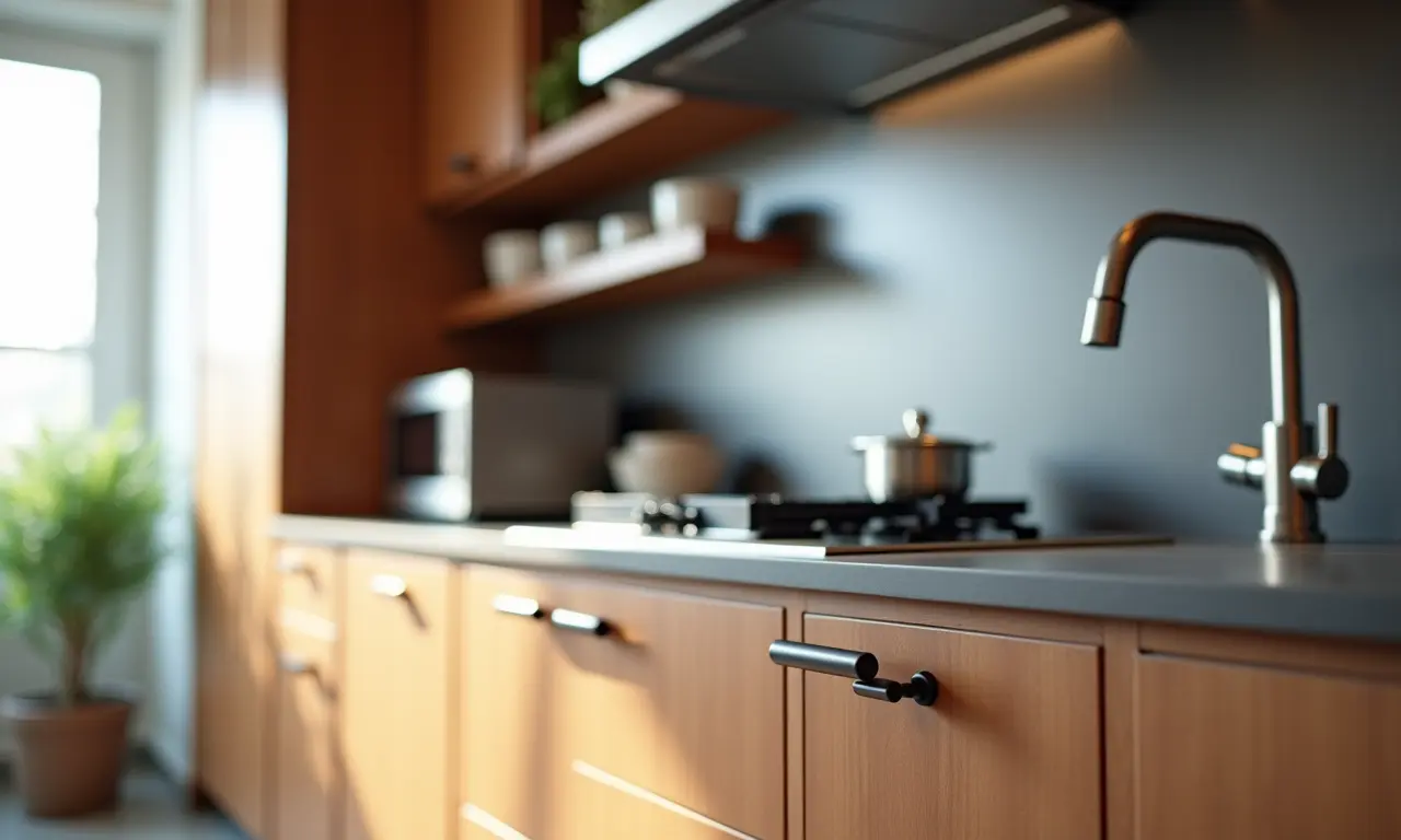 Detalhes de armários de madeira: puxadores, prateleiras e acessórios.