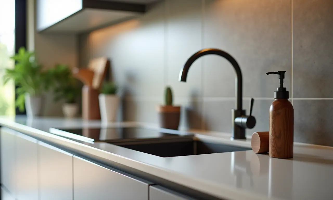 Detalhes de puxadores, torneiras e acessórios na cozinha.