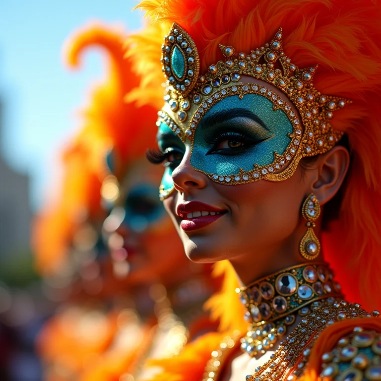 Detalhes de um carro alegórico de escola de samba no Carnaval.