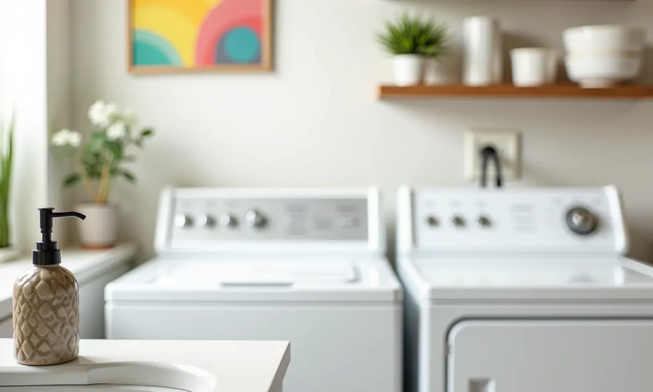 Detalhes decorativos em lavanderia charmosa.