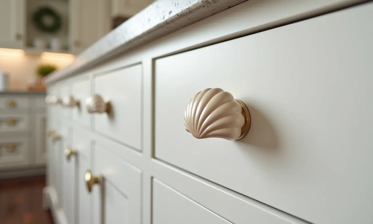 Detalhes dos puxadores concha em diferentes gavetas de cozinha.