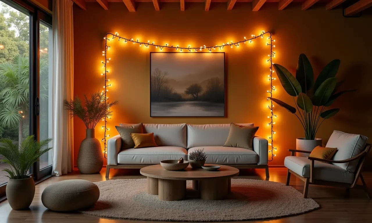 Detalhes na decoração da sala com pisca-pisca.