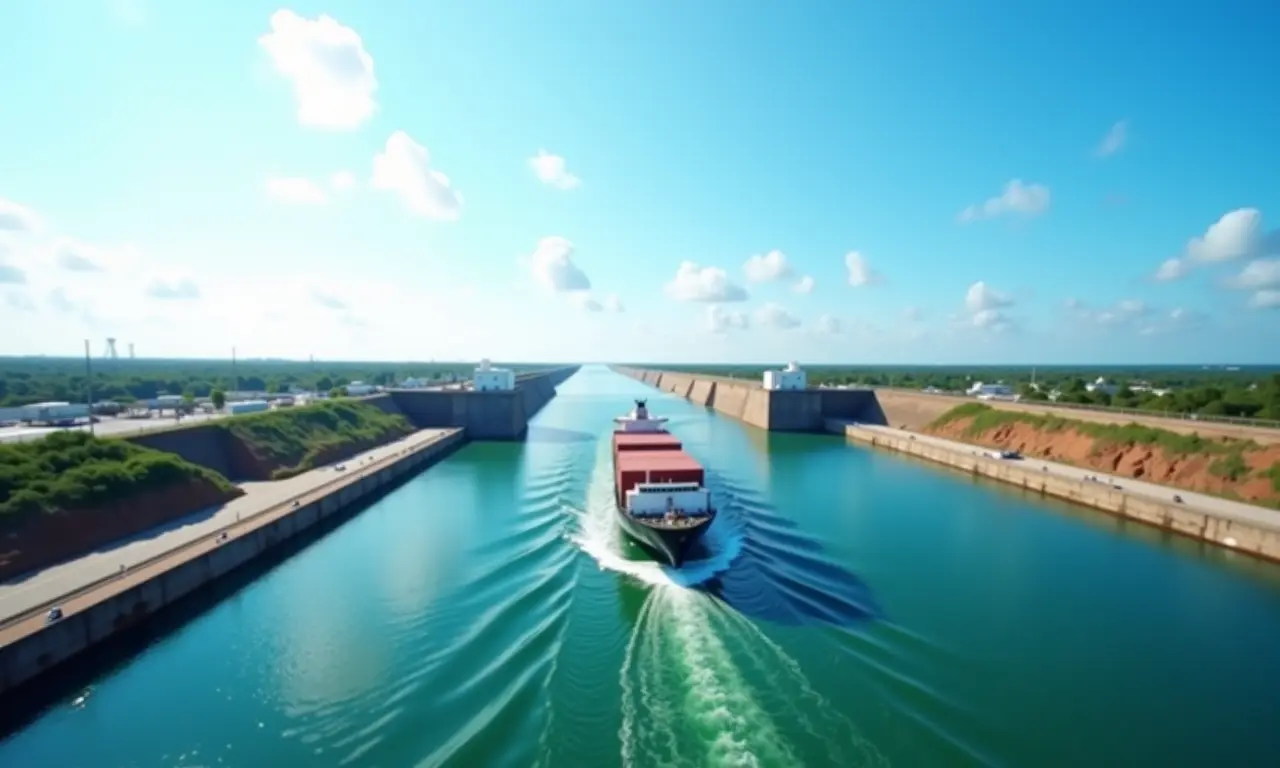 Dia ensolarado no Canal do Panamá, com um navio atravessando as eclusas.