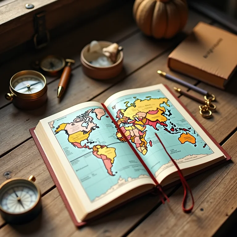 Diário de viagem com mapa, bússola e lembranças