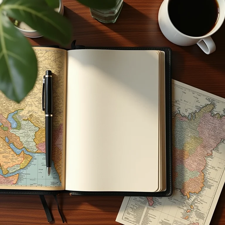 Diário de viagem com mapa e documentos sobre mesa de madeira