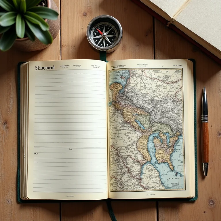 Diário de viagem organizado com mapas e bússola