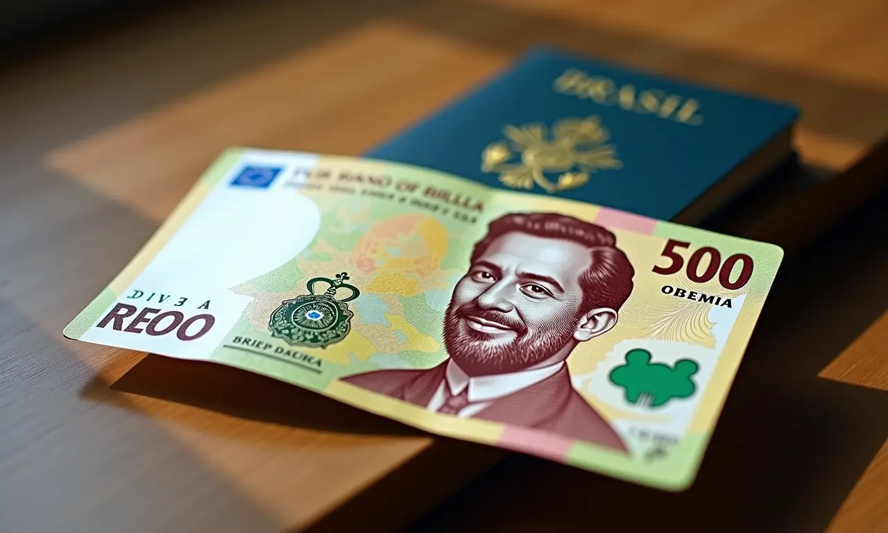 Dinheiro brasileiro (Real) representando o valor da taxa do passaporte.