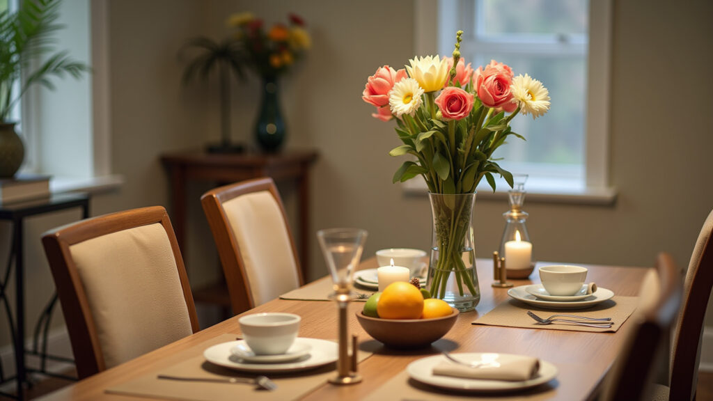 Dining table centerpiece with vase of flowers, fruit bowl, candles, and personal objects. Soft Centro de mesa ideal para mesa de jantar 4 lugares com flores e velas.