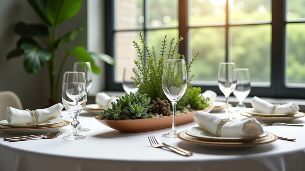 Dining table decorated with various plants, succulents, and herbs as centerpieces. Bright and airy, Mesa de jantar 4 lugares decorada com plantas, suculentas e ervas aromáticas.