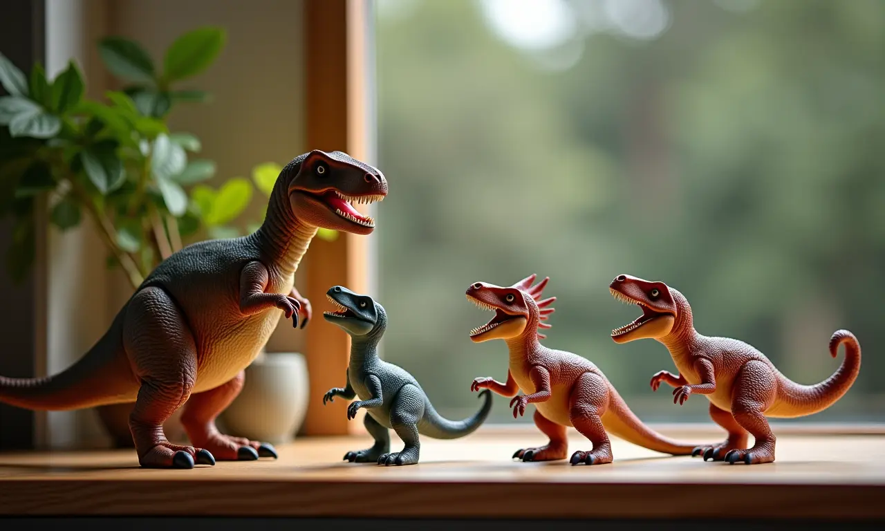 Dinossauros de brinquedo realistas em prateleira.