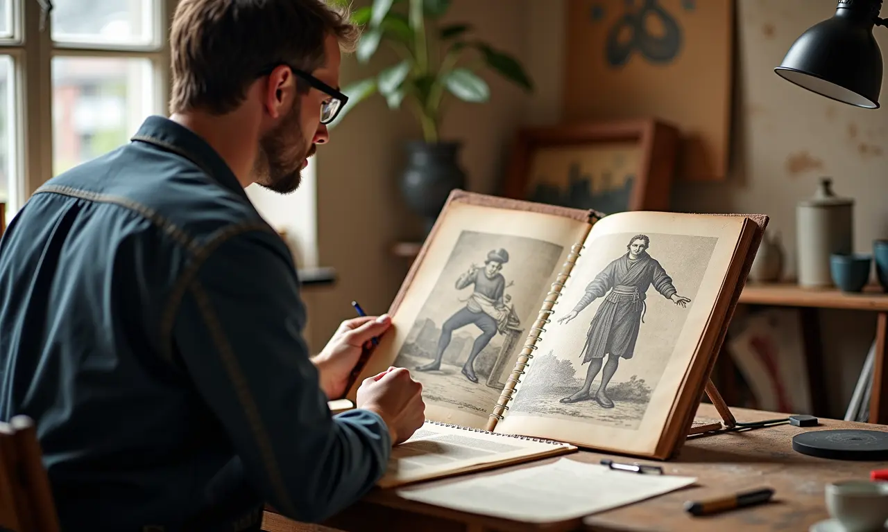 Diretor de arte estudando fotos de referência e documentos históricos.