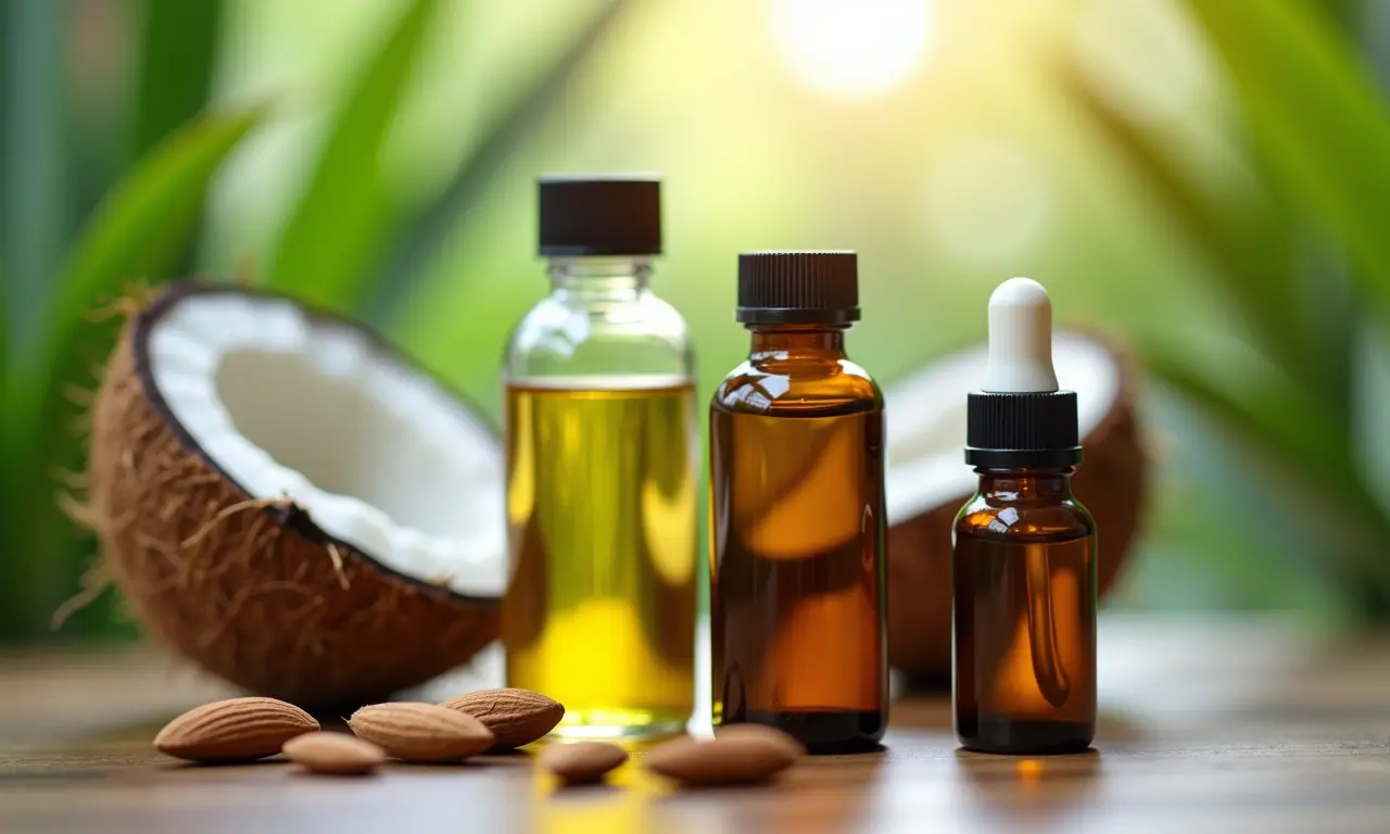 Diversos óleos naturais (coco, amêndoa, jojoba) em pequenos frascos.