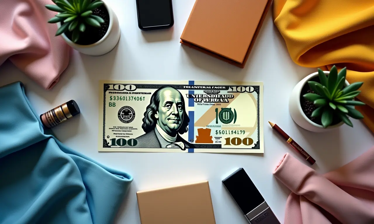 Diversos produtos e uma nota de 1000 dólares ilustrando a cota de compras.