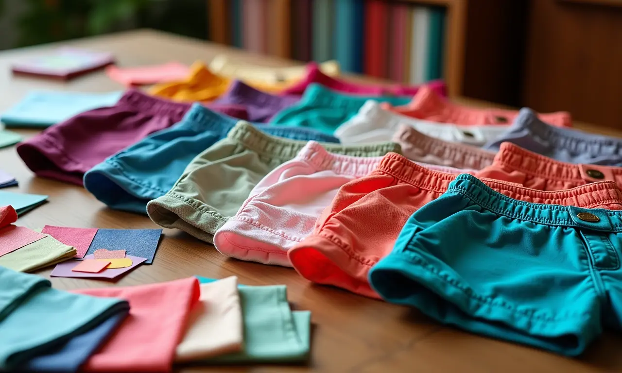 Diversos shorts coloridos e estampados exibidos em uma mesa com amostras de tecido.