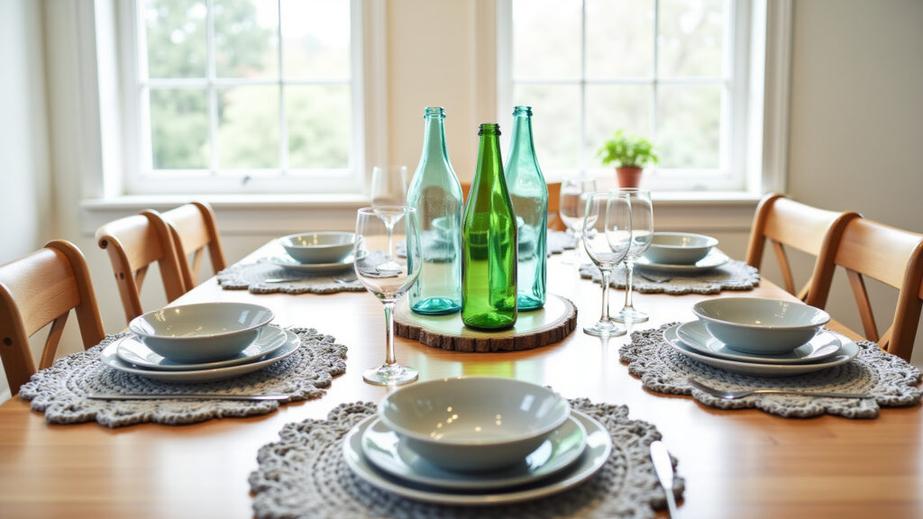 DIY dining table decor, featuring repurposed glass bottles as vases and handmade placemats. Bright Decoração de mesa de jantar 4 lugares simples e barata com garrafas e jogos americanos DIY.