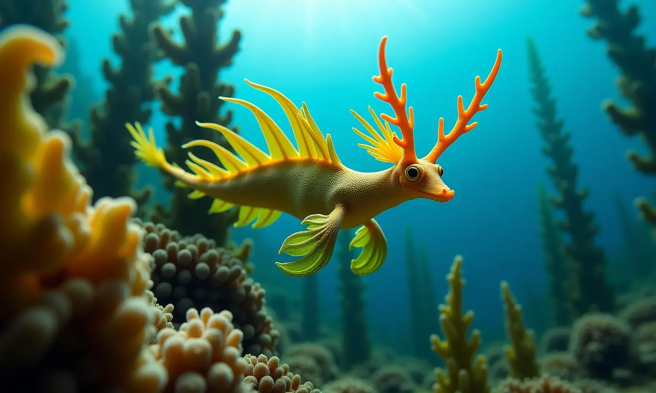 Dragão-marinho-folhado camuflado em floresta de algas.