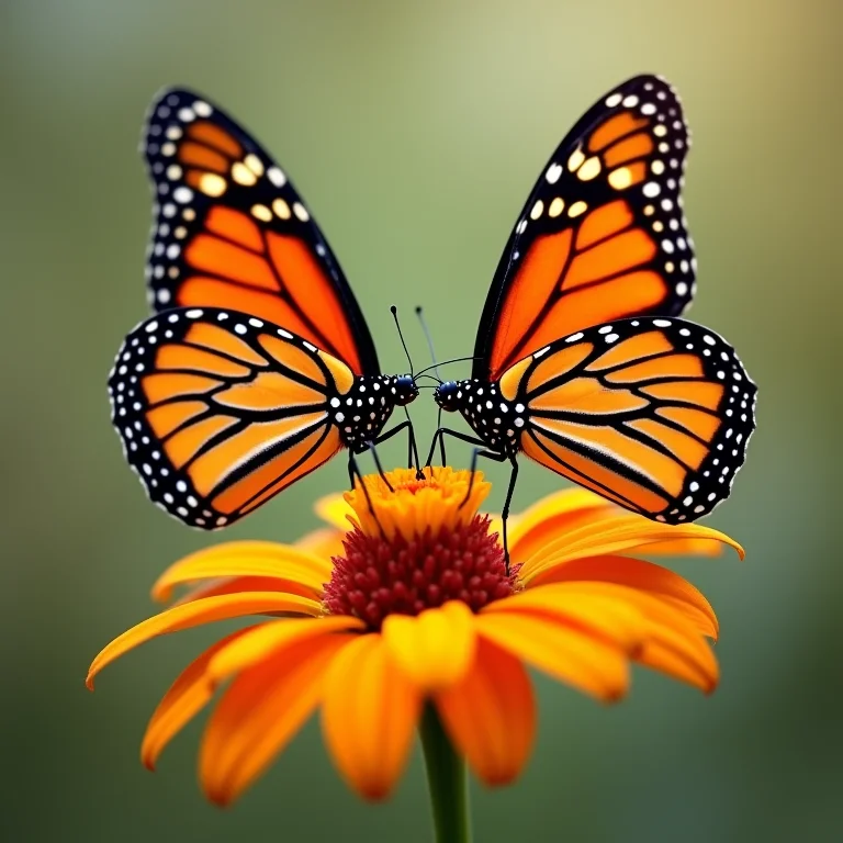 Duas borboletas monarca trocando carinho em um jardim florido.