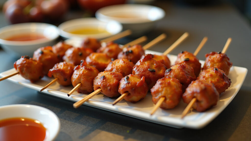 Espetinhos servidos de forma prática e elegante.