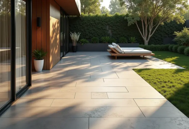 Elegante área externa com diferentes tipos de piso