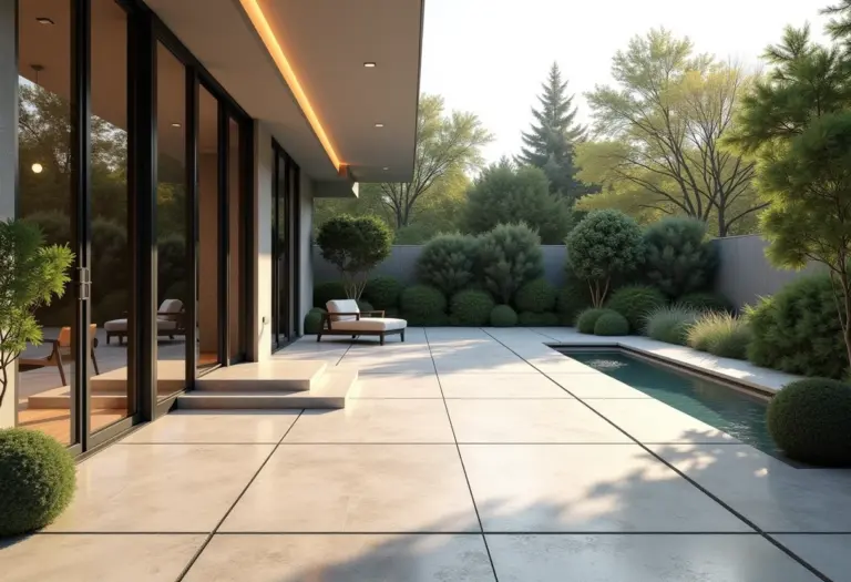 Elegante área externa com diferentes tipos de pisos seguros e duráveis.