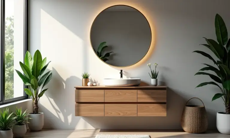 Elegante armário de banheiro de madeira com espelho e decoração.