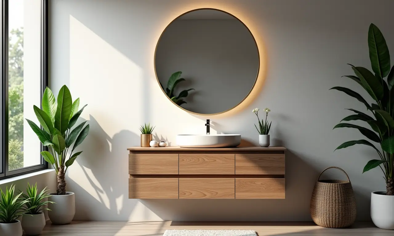 Elegante armário de banheiro de madeira com espelho e decoração.