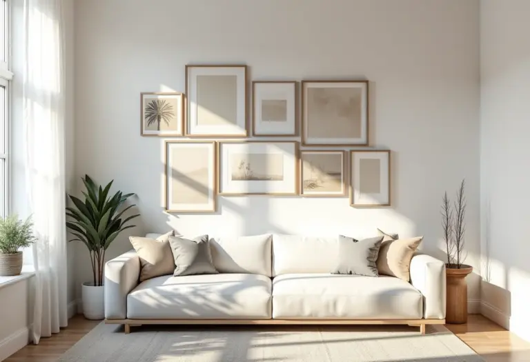 Elegante sala de estar com diversos quadros formando uma gallery wall.