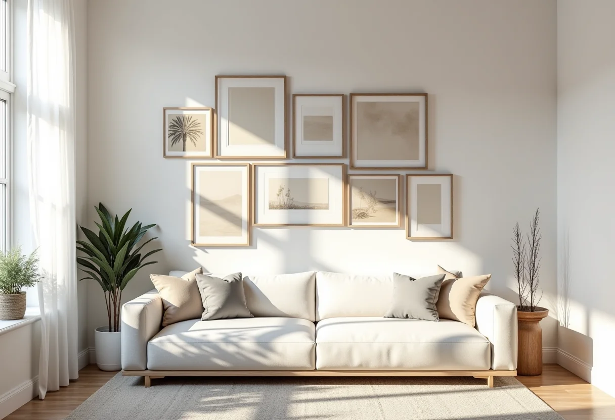 Elegante sala de estar com diversos quadros formando uma gallery wall.