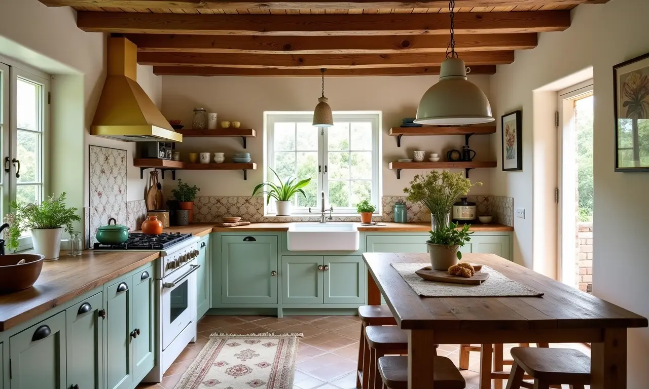 Elementos chave da cozinha provençal: cores pastel, madeira e flores.