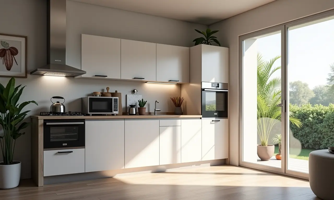 Eletrodomésticos compactos em cozinha pequena, design integrado e estilo minimalista.