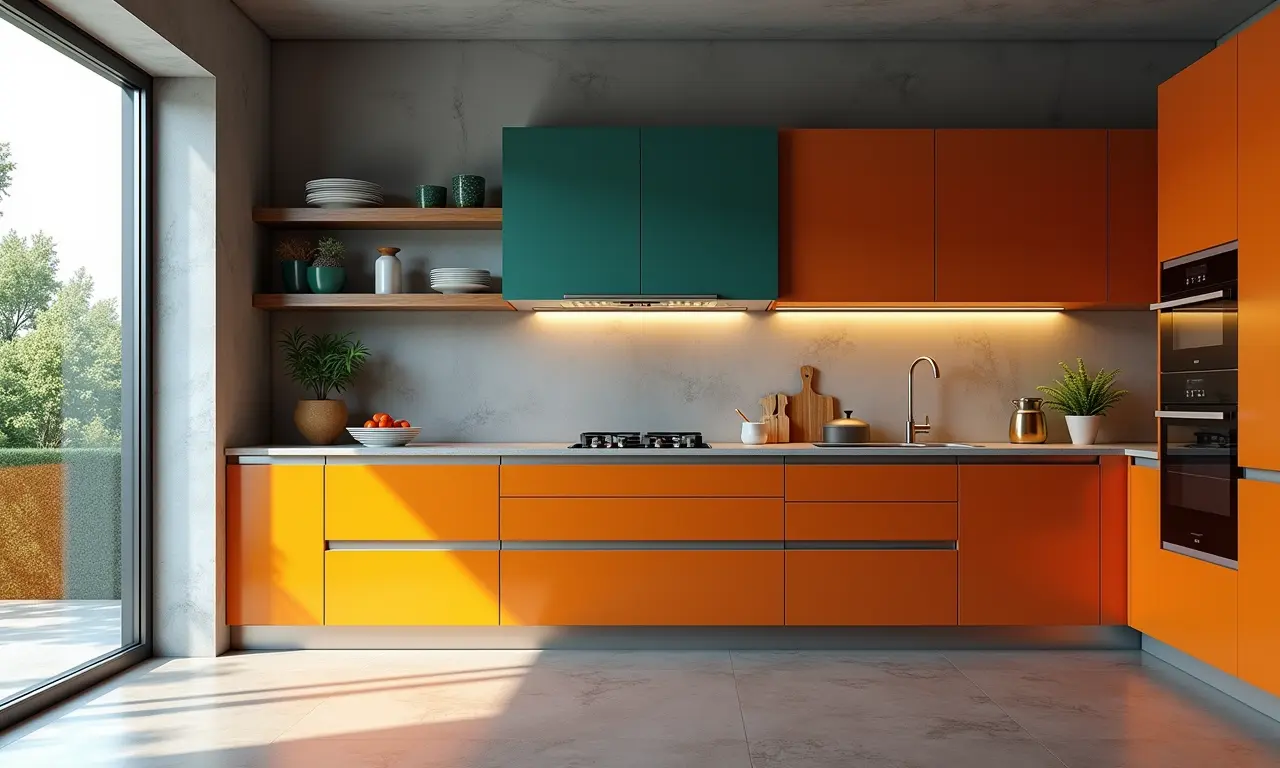 Eletrodomésticos modernos e coloridos na cozinha.