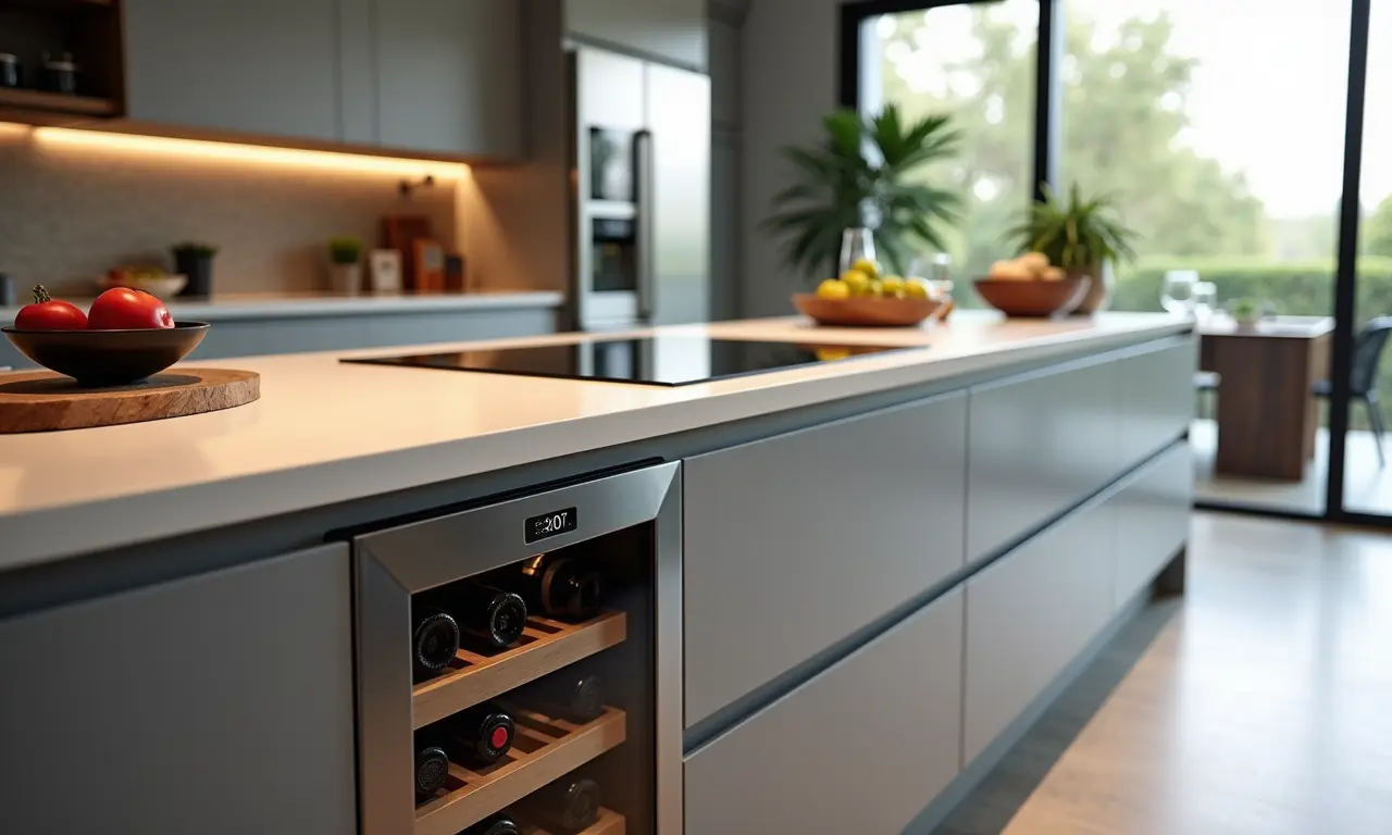 Eletrodomésticos modernos e práticos na ilha da cozinha.