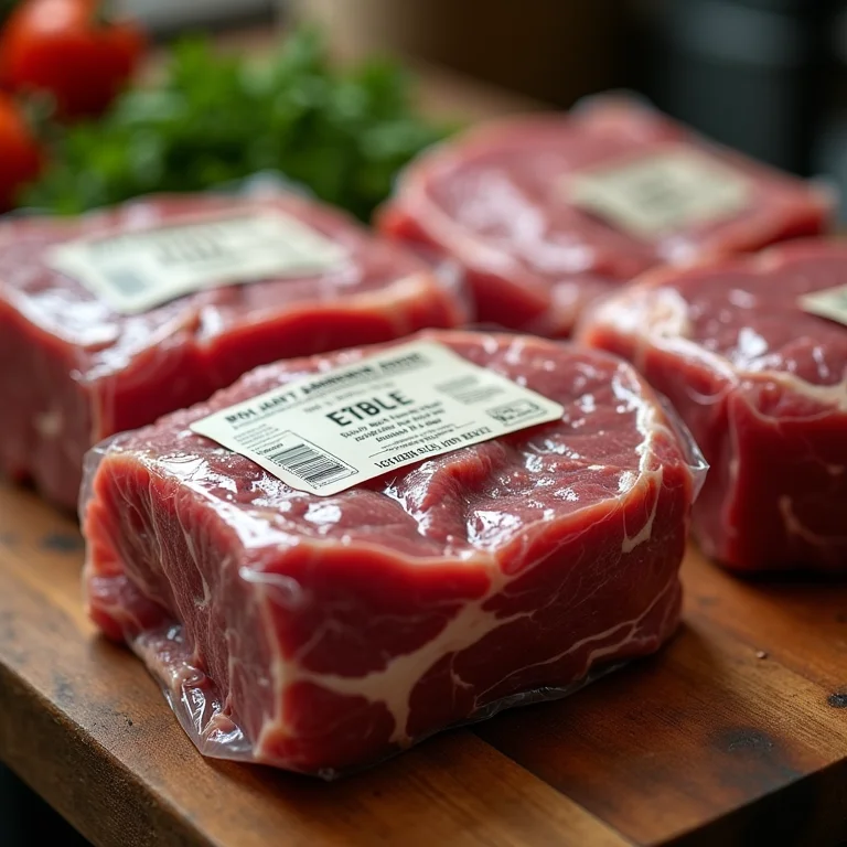 Embalagem de picanha argentina à vácuo em balcão de açougue.