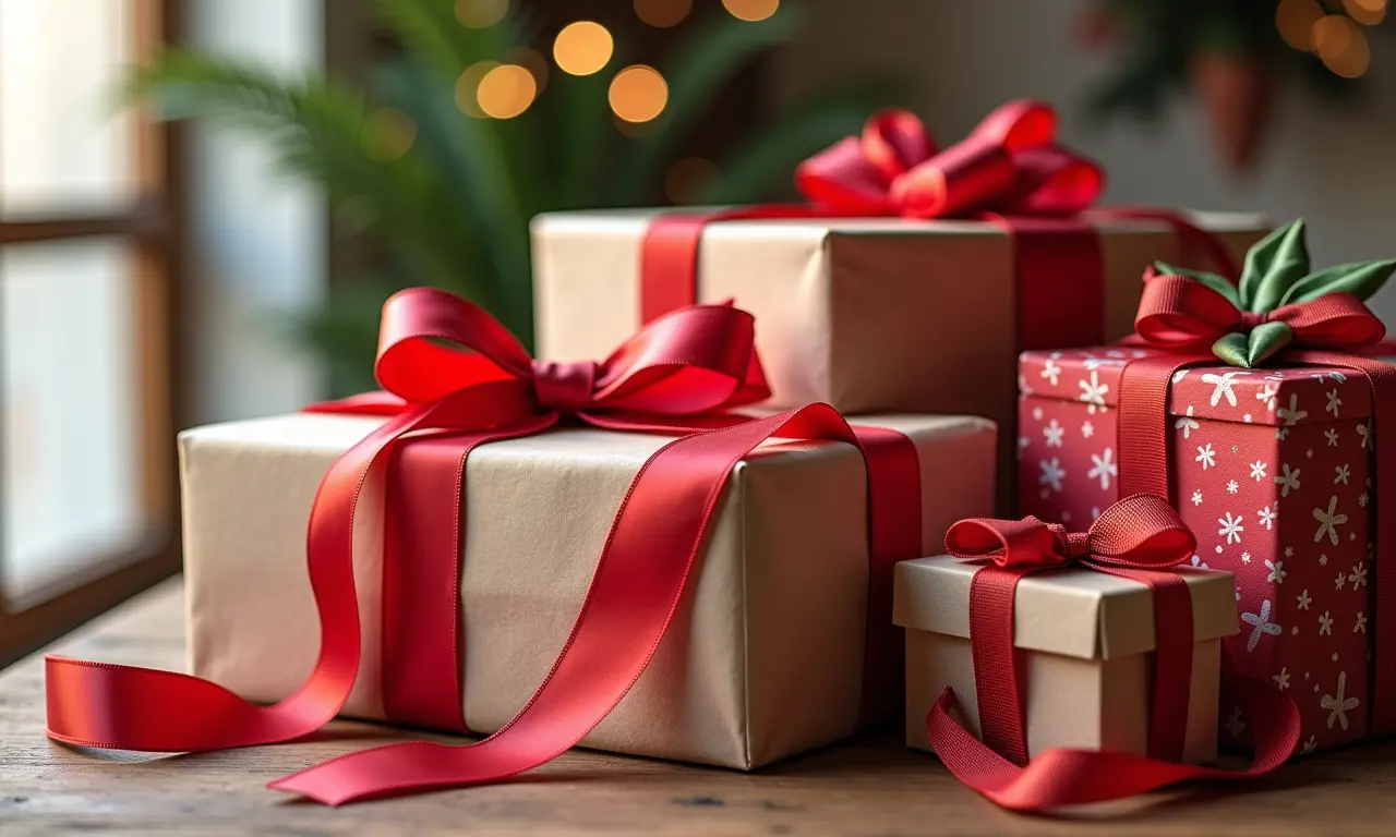 Embalagens reaproveitadas para embrulhar presentes de forma criativa e sustentável.