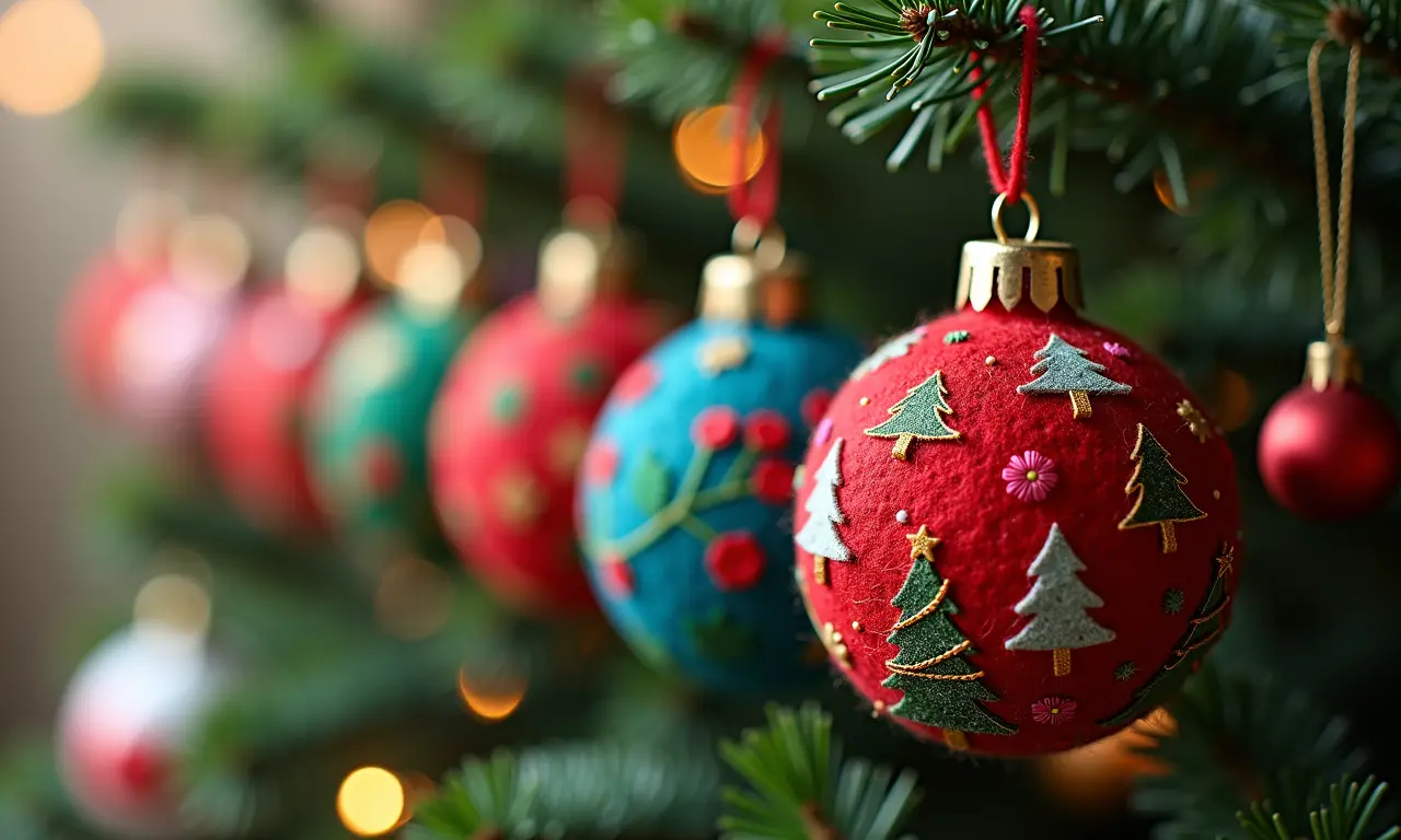 Enfeites de Natal feitos à mão com feltro e tecido, coloridos e criativos.