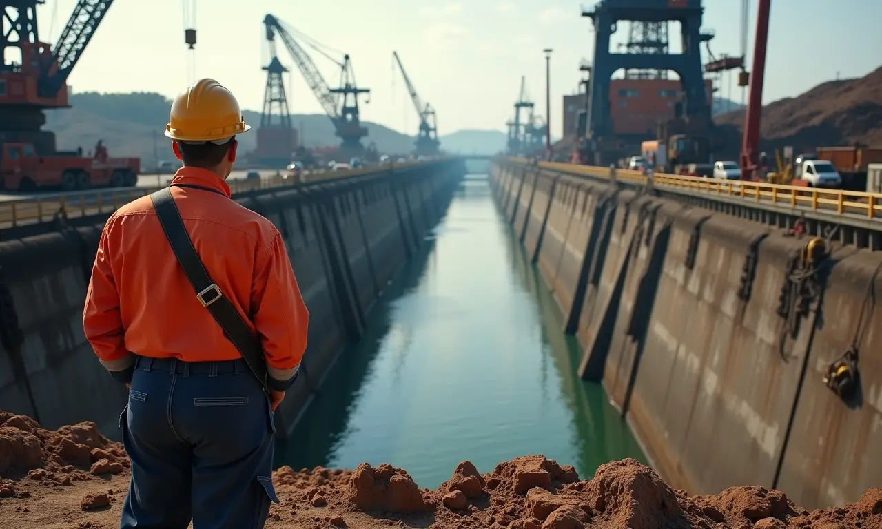 Engenheiros americanos supervisionando a construção das eclusas do Canal do Panamá.
