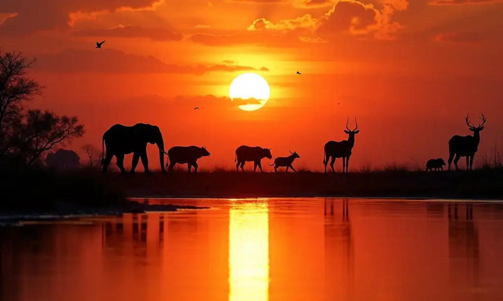 Entardecer no Pantanal com silhuetas da vida selvagem refletidas no rio.