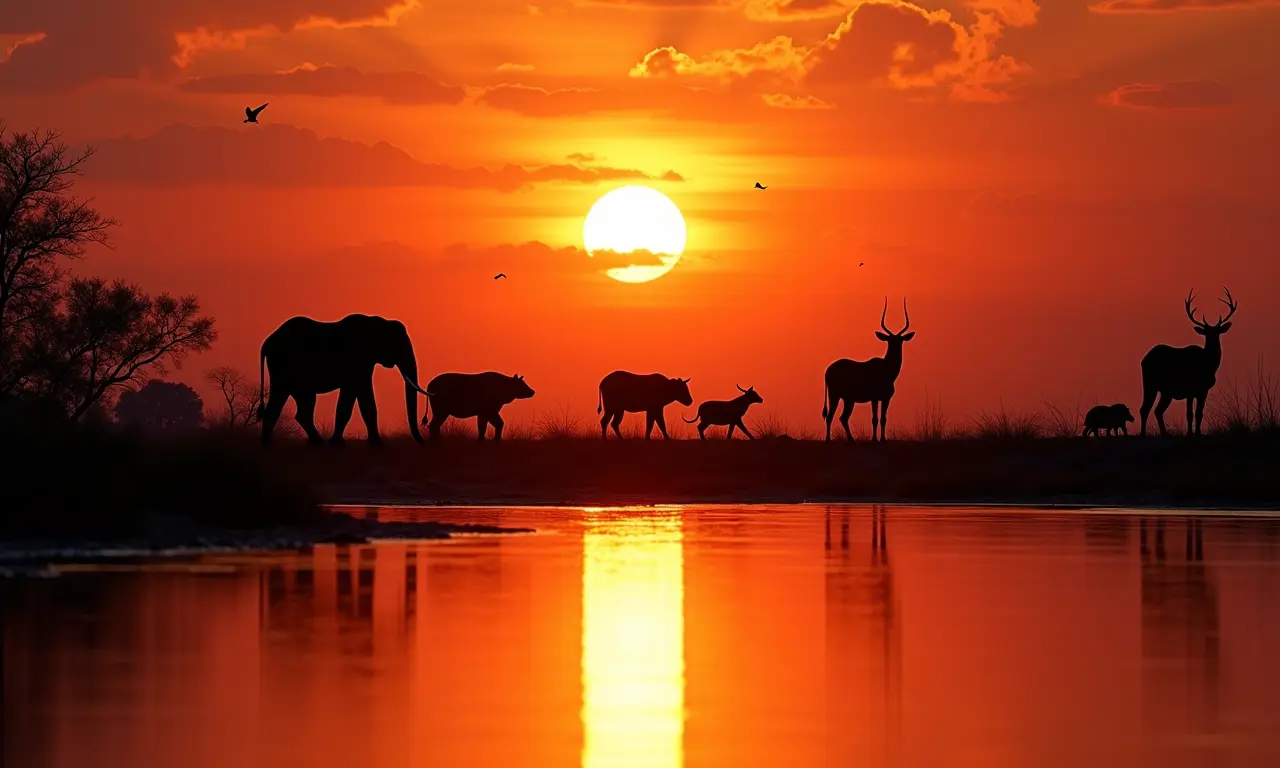 Entardecer no Pantanal com silhuetas da vida selvagem refletidas no rio.