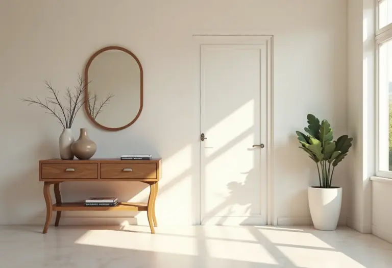 Entrada de casa bem decorada com móveis e iluminação.