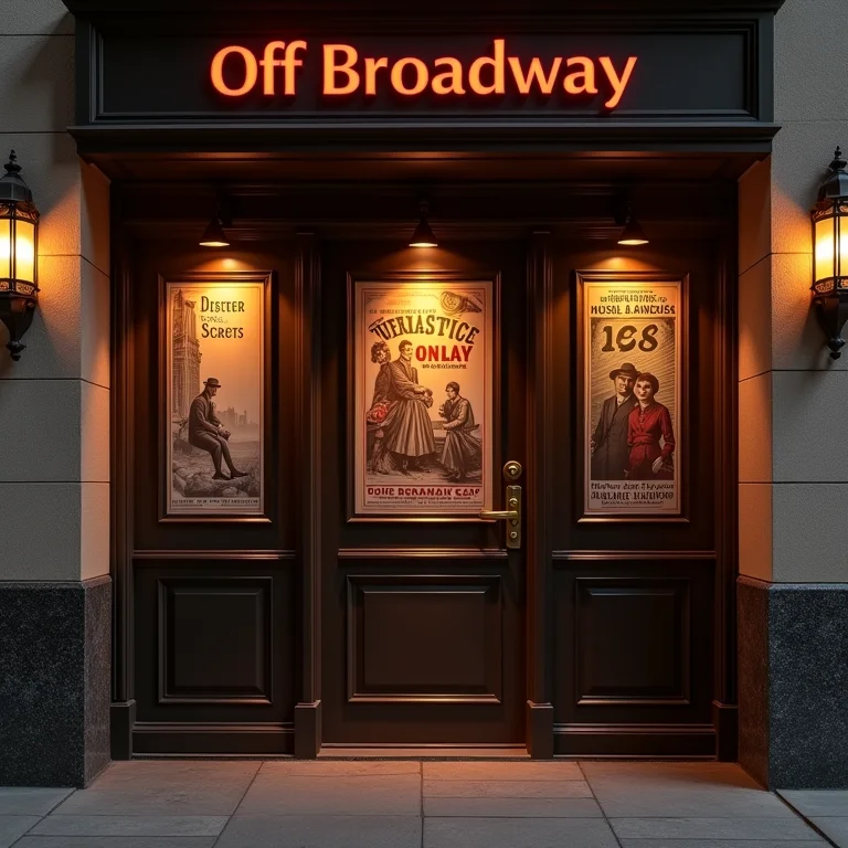 Entrada de um teatro Off-Broadway com pôsteres antigos
