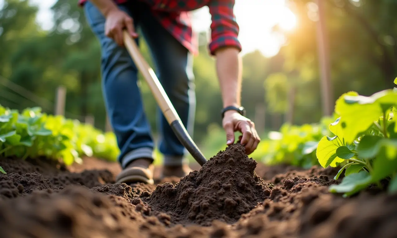 Enxada preparando o solo com eficiência.