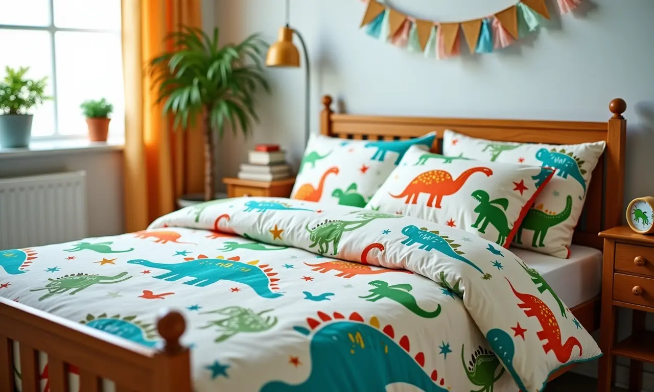 Enxoval temático de dinossauros com cores vibrantes.