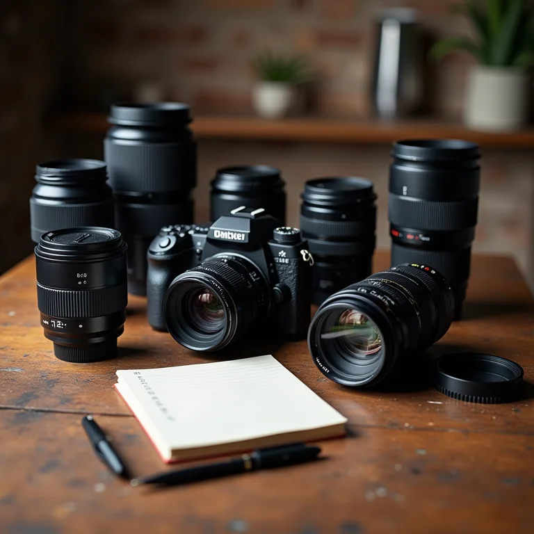 Equipamento fotográfico organizado sobre mesa de madeira