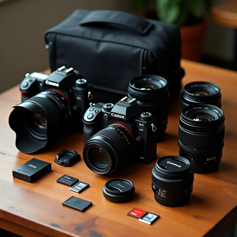 Equipamentos de fotografia em uma mesa de madeira
