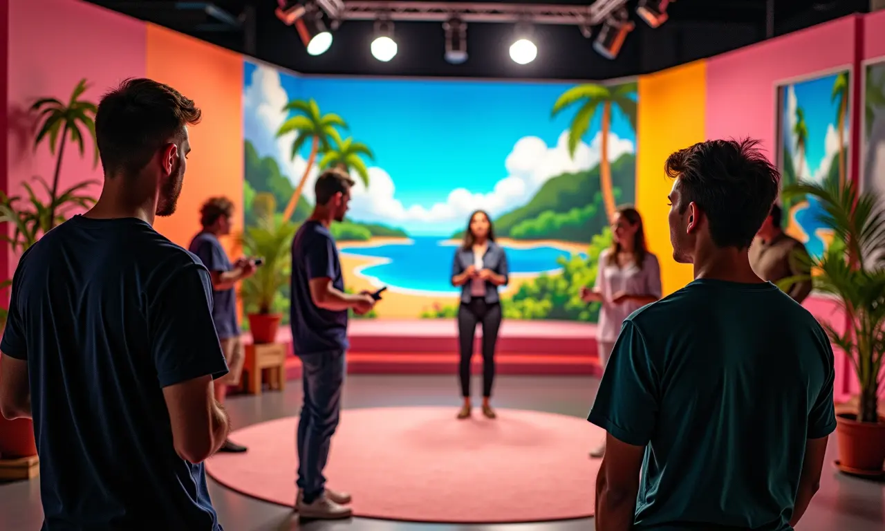 Equipe de direção de arte trabalhando em um cenário de TV vibrante no Brasil.