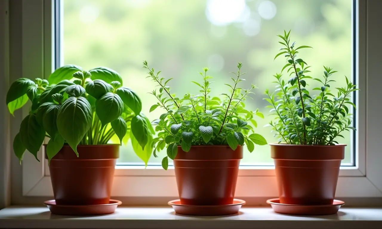 Ervas aromáticas crescendo em vasos na janela da cozinha.